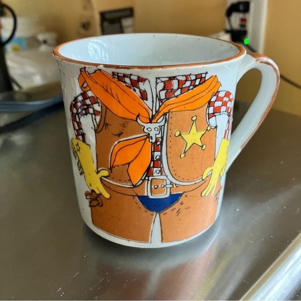 Rare Cowboy Western Niche kitschy Mug Orange Yellow Accents, stoneware coffee